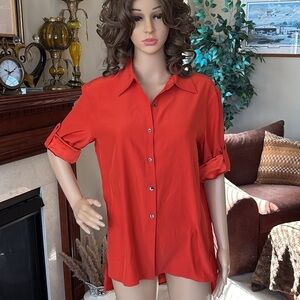 Lafayette 148 NY Orange Button Up Blouse Satin Lined Tunic Roll Tab Sleeves